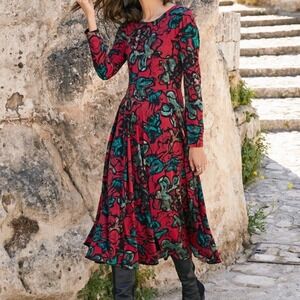 Peruvian Connection Ravenwood Red Abstract Floral Pima Cotton Midi Dress Medium